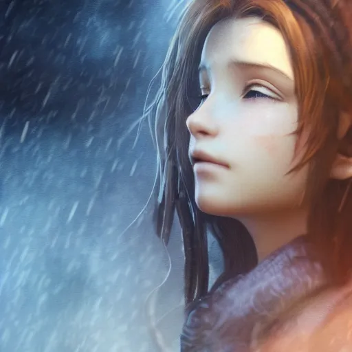 Image similar to beautiful aerith gainsborough, face centered portrait, confident, fog, rain, volumetric lighting, beautiful, golden hour, sharp focus, ultra detailed, cgsociety by leesha hannigan, ross tran, thierry doizon, kai carpenter, ignacio fernandez rios