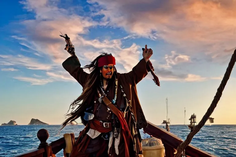 Prompt: captain jack sparrow sailing into the sunset on a pirate ship