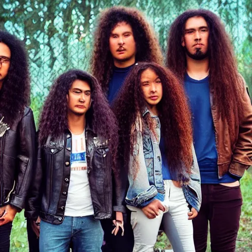 Prompt: Group of ethnically diverse 19-year-old boys and girls with long permed wavy brown hair and afros leather jacket and denim jeans, holding electric guitars, 2022, stoner rock, heavy rock, retro metal, HD photography