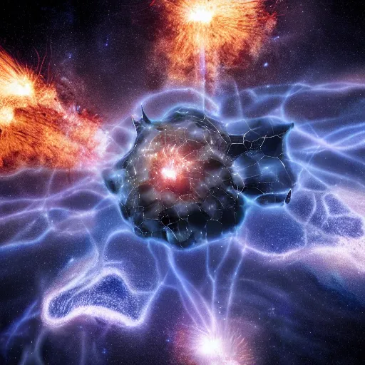 Prompt: army of interconnected neurons made of steel in space with hubble background, amazing, fire, splash, vray, 5 5 mm