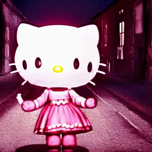 Prompt: film still of a human sized hello kitty with a knife standing on an empty street beneath a lamp, grainy, horror movie, creepy, eerie, dark, great cinematography, amazing lighting, directed by scott derrickson and sam raimi and fede alvarez