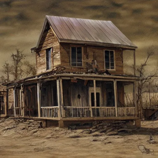 Image similar to western ghost town with creepy ghosts, art by alan bean