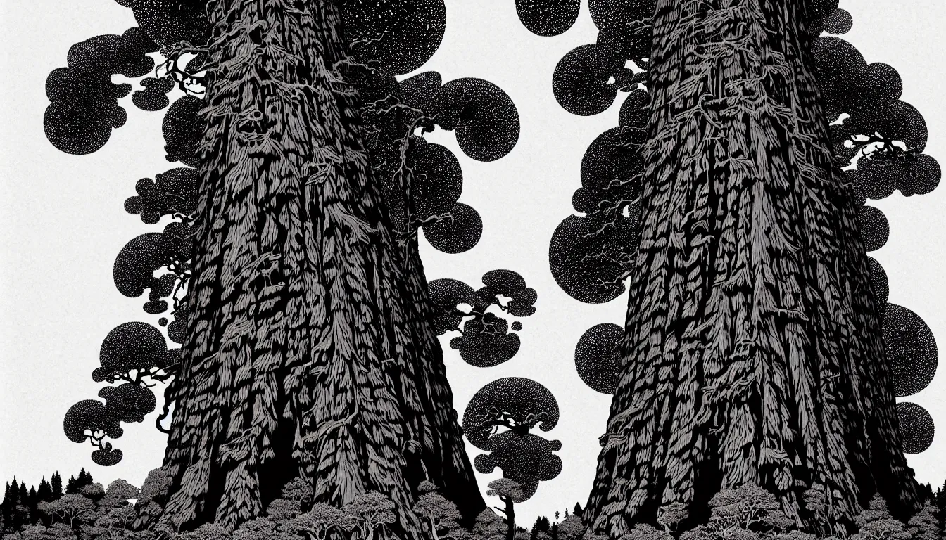 Image similar to giant sequoia by woodblock print, nicolas delort, moebius, victo ngai, josan gonzalez, kilian eng