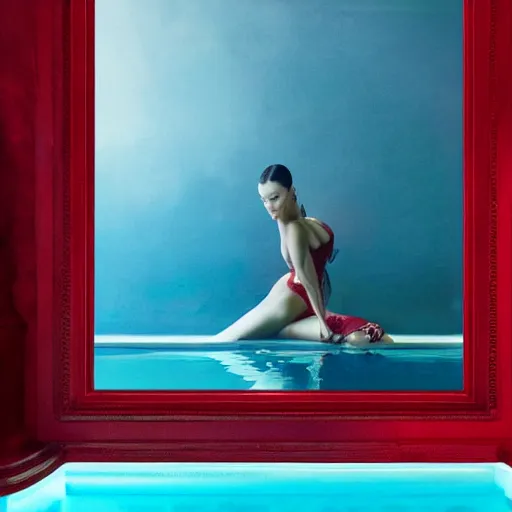 Prompt: Bella Hadid full body laying in a blood red pool of water between a golden mirror frame, outside is space and inside the mirror frame is a beautiful landscape., physically accurate, dynamic lighting, intricate, elegant, highly detailed, very very Roberto Ferri, sharp focus, illustration, art