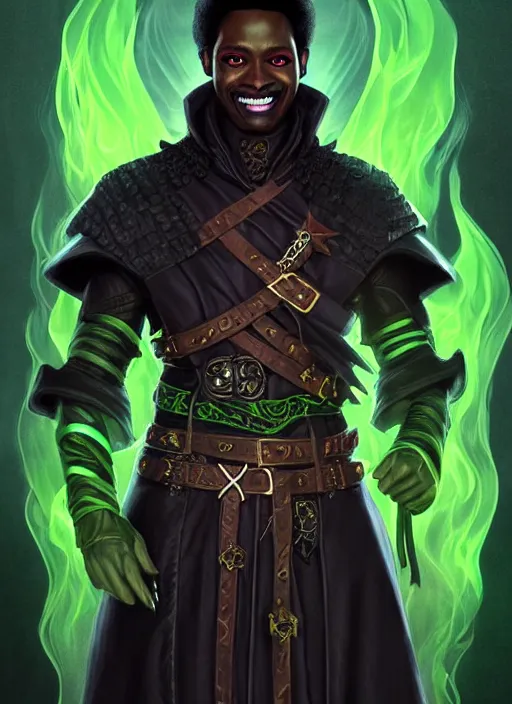 Prompt: portrait of a male warlock in the darkness, black skin, fire eyes, evil grin, leather short robes, belts, green fire, high fantasy, dnd, face details, extremely detailed, smooth, sharp focus, digital illustration, by artgerm, rossdraws, sakimichan