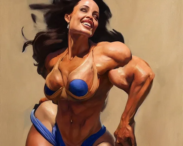 Prompt: greg manchess portrait painting of smiling angelina jolie as beautiful thick female bodybuilder zarya from overwatch, medium shot, asymmetrical, profile picture, organic painting, sunny day, matte painting, bold shapes, hard edges, street art, trending on artstation, by huang guangjian and gil elvgren and sachin teng