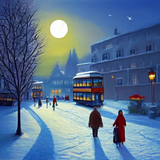 Image similar to winter town centre inspired by Evgeny Lushpin, Peter Zumthor,bus,people walking winter sunset,full moon,p