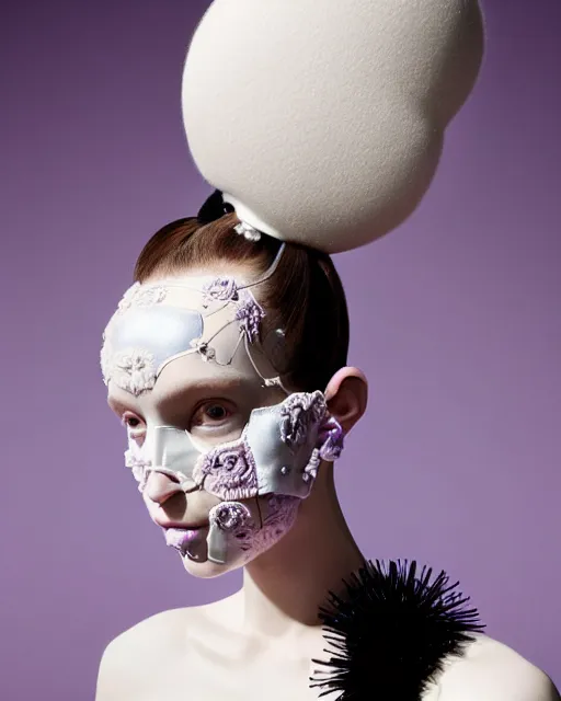 Prompt: symmetrical close - up portrait of a woman wearing a lilac metallic embroidered beauty mask and hair buns, wearing a black bodysuit by alexander mcqueen, cream white background, soft light, biotechnology, humanoide robot, bjork aesthetic, translucent, by rineke dijkstra, intricate details, highly detailed, masterpiece,