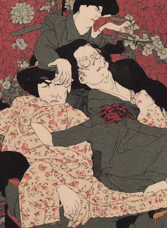 Prompt: early color photo of an old dead couple sitting on a couch in an old soviet apartment, art by Takato Yamamoto. highly detailed high resolution