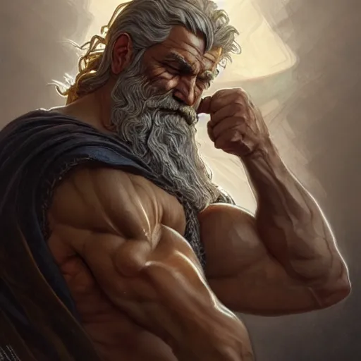 Image similar to portrait of rugged zeus, greek god d & d, muscular, fantasy, intricate, elegant, highly detailed, digital painting, artstation, concept art, smooth, sharp focus, illustration, art by artgerm and greg rutkowski and alphonse mucha