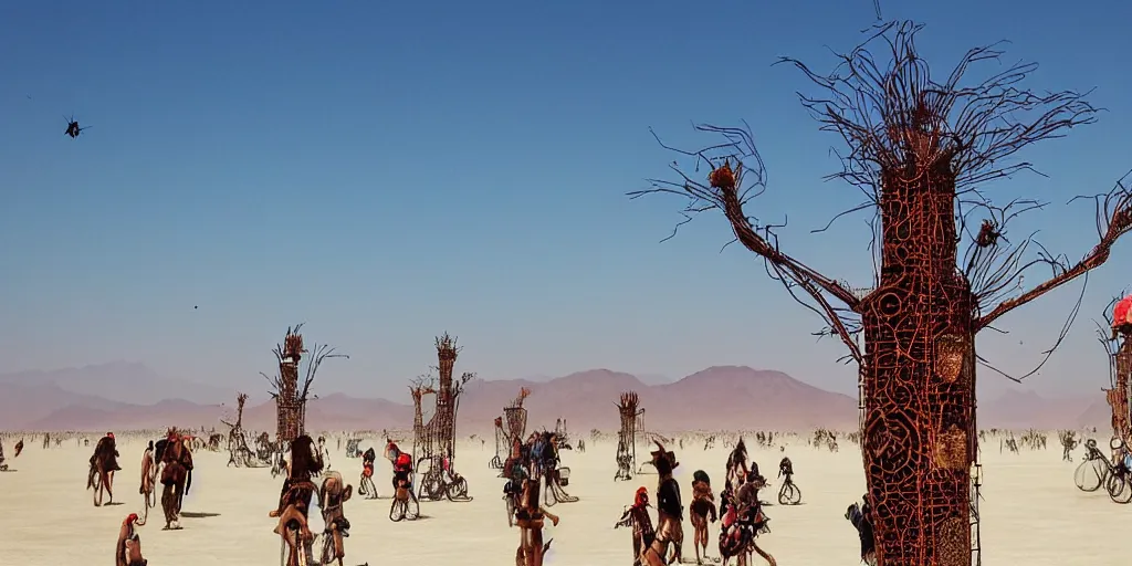 Image similar to of a photography of Burning Man Festival, with blue light dark blue sky, long cloths red like silk, ants are big and they shine on the sunlight, there are sand mountains on the background, a very small oasis on the far distant background along with some watch towers, ants are perfect symmetric insects, man is with black skin, the man have a backpack, the man stands out on the image, the ants make a line on the dunes, the sun up on the sky is strong, the sky is blue and there are some clouds, its like a caravan of a man guiding many ants on the dunes of the desert, colors are strong but calm, volumetric, detailed objects, Arabica style, wide view, 14mm,