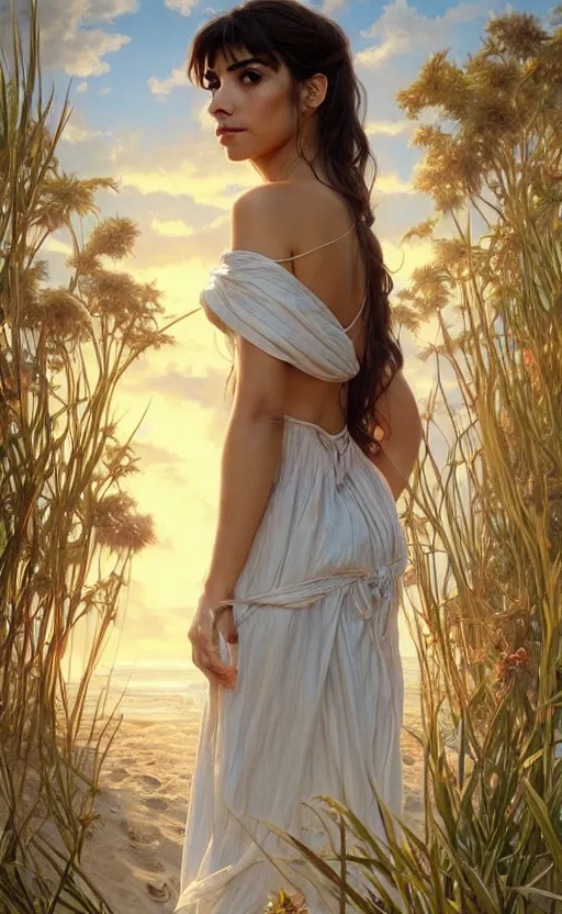 Image similar to a beautiful hannah simone wearing a sundress on the beach, d & d, fantasy, intricate, elegant, highly detailed, digital painting, artstation, concept art, matte, sharp focus, illustration, art by artgerm and greg rutkowski and alphonse mucha