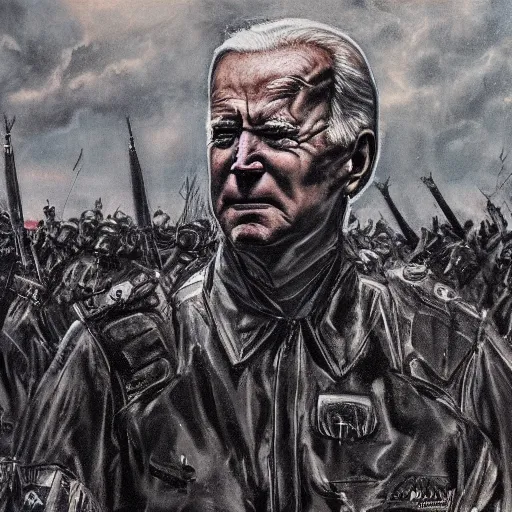 Image similar to closeup of joe biden leading an army of shadows, coiling, abstract shadowy army, painting by john mcnaughton, stephen gammell