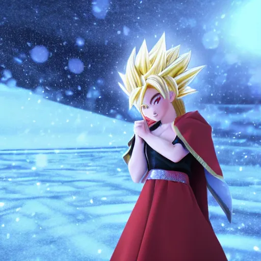 Prompt: portrait focus of super saiyan beautiful 3 d anime girl posing, frozen ice, dark forest background, snowing, bokeh, inspired by masami kurumada, octane render