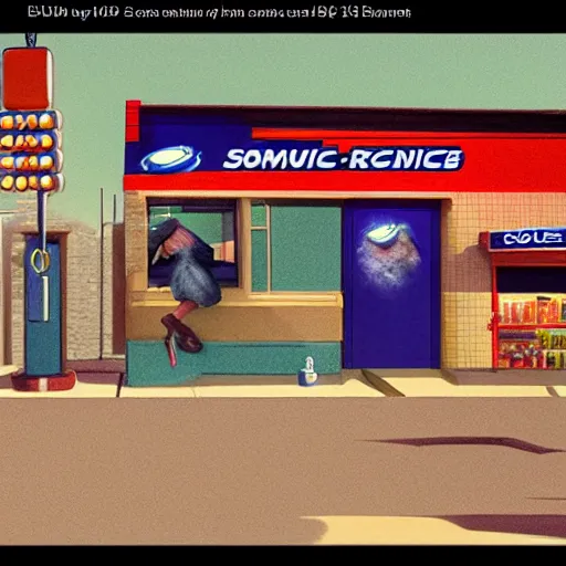 Image similar to Security camera footage of bootleg Sonic robbing a convenience store, painting by Grant Wood, 3D rendering by Beeple, sketch by R. Crumb