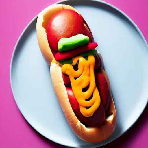 Image similar to a hot dog with legs, surreal, dreamlike