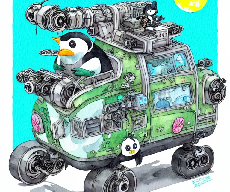 Image similar to cute and funny, penguin riding in a mechanized mech unit, ratfink style by ed roth, centered award winning watercolor pen illustration, isometric illustration by chihiro iwasaki, edited by range murata, tiny details by artgerm and watercolor girl, symmetrically isometrically centered, sharply focused