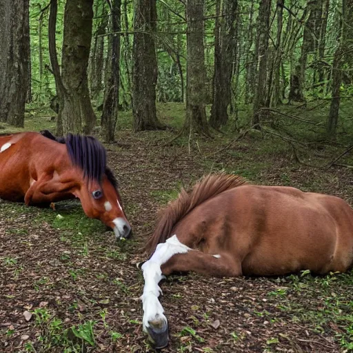 Image similar to two dead horses with many feather arrows on their body, lying on the woods path, dense thickets on each side, photo, 8 k