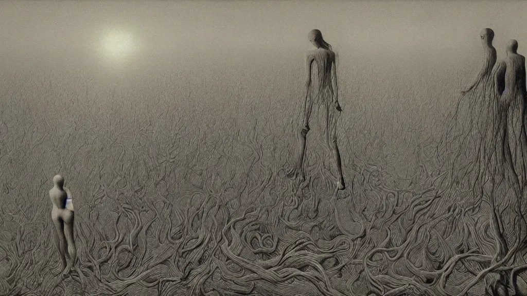 Prompt: The horrors of Big Data, surrealist horror painting by Zdzisław Beksiński