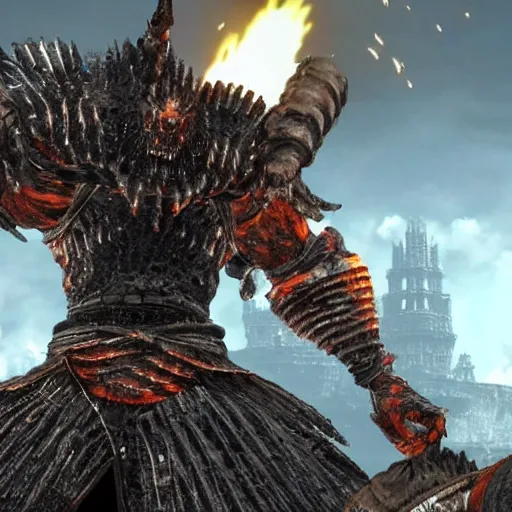 Image similar to screenshot of a unique boss from darksouls 3. It is wearing colored armour and has a very muscular physique