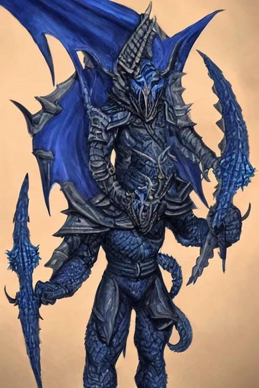 Image similar to a D&D character of a dark blue dragonborn with blue flame burning half his face, he has large tusks, he wears a black dragon scales armor, D&D concept art