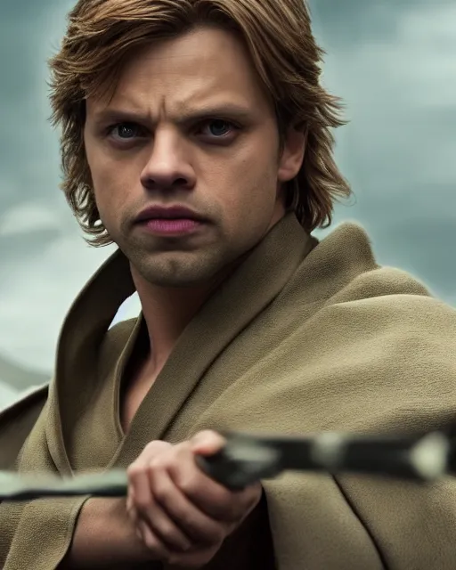 Image similar to sebastian stan portraying a beautiful luke skywalker grand master jedi from star wars legends, in a jedi robe, without lightsaber, movie, hyper realistic, hollywood promotional image, imax, 8 k