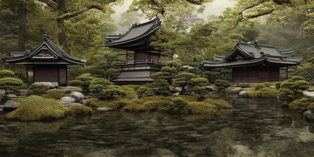 Image similar to a ancient japanese temple in the middle of a forest mear a small river, extremely highly detailed, high quality, 8K HDR, octane render, unreal engine 5, hyperrealistic, concept art, trending on Artstation, dramatic lighting, cinematic, high coherence, path tracing, ruins, clouds in the sky, singular building, centered