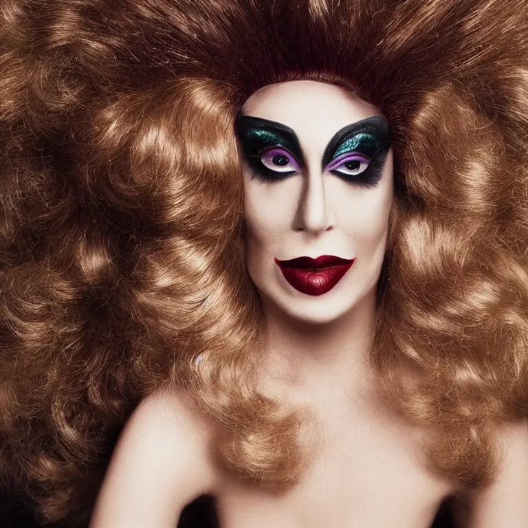 Image similar to Portrait of a glamorous gay drag queen smirking in heavy makeup and a big wig by Annie Leibovitz