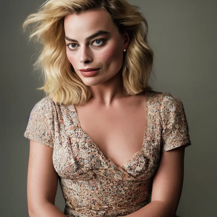 Prompt: portrait of Margot Robbie with larger bust wearing Kebaya, natural light, detailed face, CANON Eos C300, ƒ1.8, 35mm, 8K, medium-format print