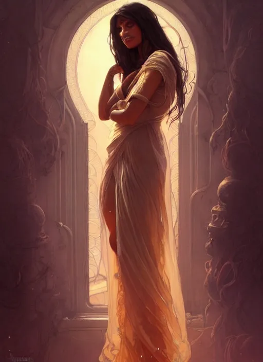 Image similar to cute brown woman wearing a transparent night gown, fantasy, intricate, highly detailed, digital painting, artstation, concept art, wallpaper, smooth, sharp focus, illustration, art by artgerm and greg rutkowski and alphonse mucha