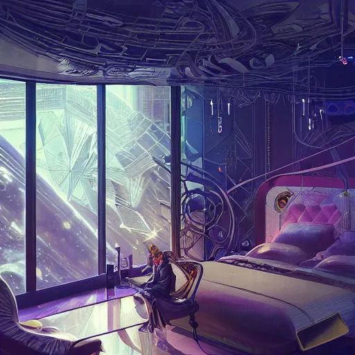 Prompt: image of a futuristic hotel room at future neon light tokyo, sci - fi and fantasy, intricate and very very beautiful and elegant, highly detailed, digital painting, artstation, concept art, smooth and sharp focus, illustration, art by tan zi and ayanamikodon and alphonse mucha and wlop