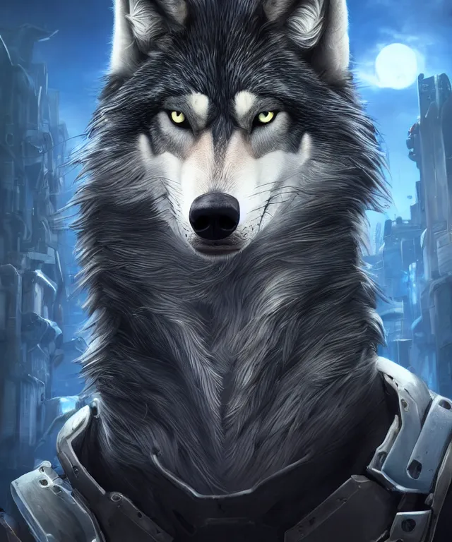 Image similar to portrait headshot of a male anthropomorphic dark gray wolf, long red hair, blue eyes, in a futuristic city, hyper detailed, digital art, trending in artstation, cinematic lighting, studio quality, smooth render, unreal engine 5 rendered, octane rendered, art style by pixar dreamworks warner bros disney riot games and overwatch.