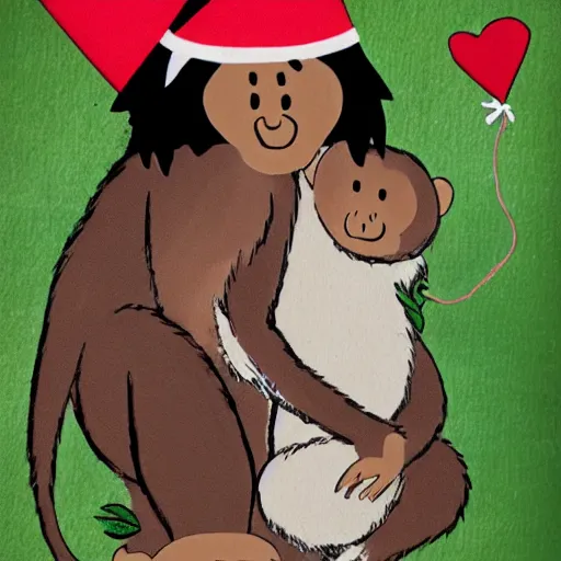 Prompt: mowgli hugging a monkey with a birthday hat on, sister, love, highly detailed