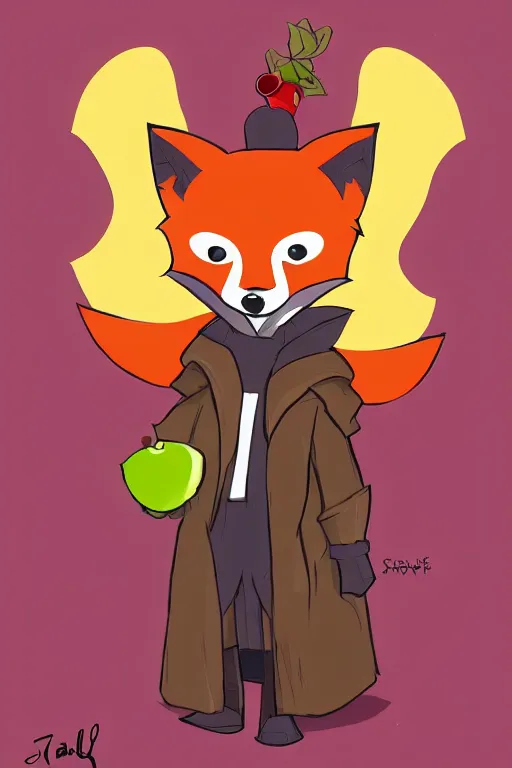 Prompt: Cartoon Fox dressed like a hooded rogue, holding an apple, digital art, trending on artstation, stacy boisvert