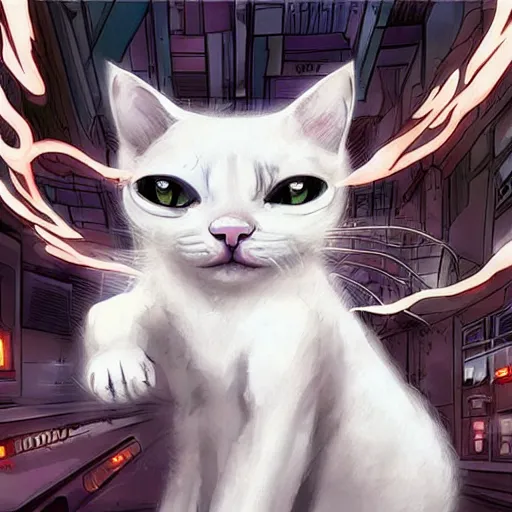 Image similar to a cute white cat art, epic cyberpunk art