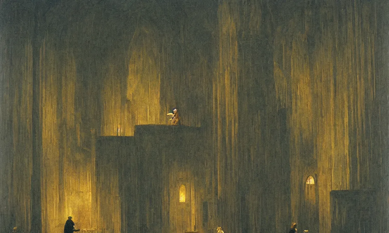 Image similar to a hamster gives a sermon in a matchstick cathedral caspar david friedrich oil painting
