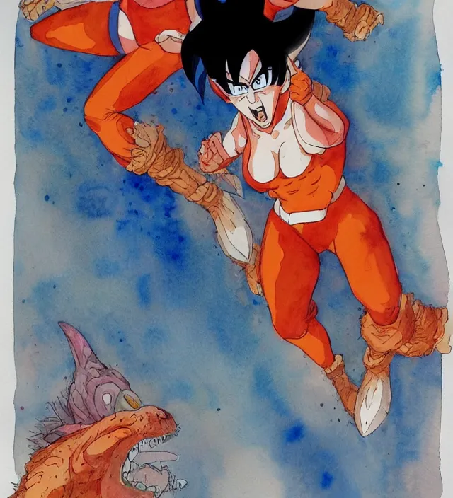 Image similar to a 3 / 4 view watercolor ink painting of velma as a god of destruction from dragon ball in the style of jean giraud in the style of moebius trending on artstation deviantart pinterest detailed realistic hd 8 k high resolution