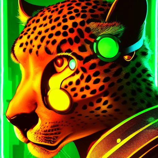 Image similar to a beautiful commission of a male anthropomorphic cheetah wearing a neon jacket,futuristic,detailed face,character design by charles bowater,mohawk,cyberpunk style,deviantart,artstation,art by greg rutkowski,ross tran,professional lighting,neon city,night,raytracing,rtx,highly realistic,4k