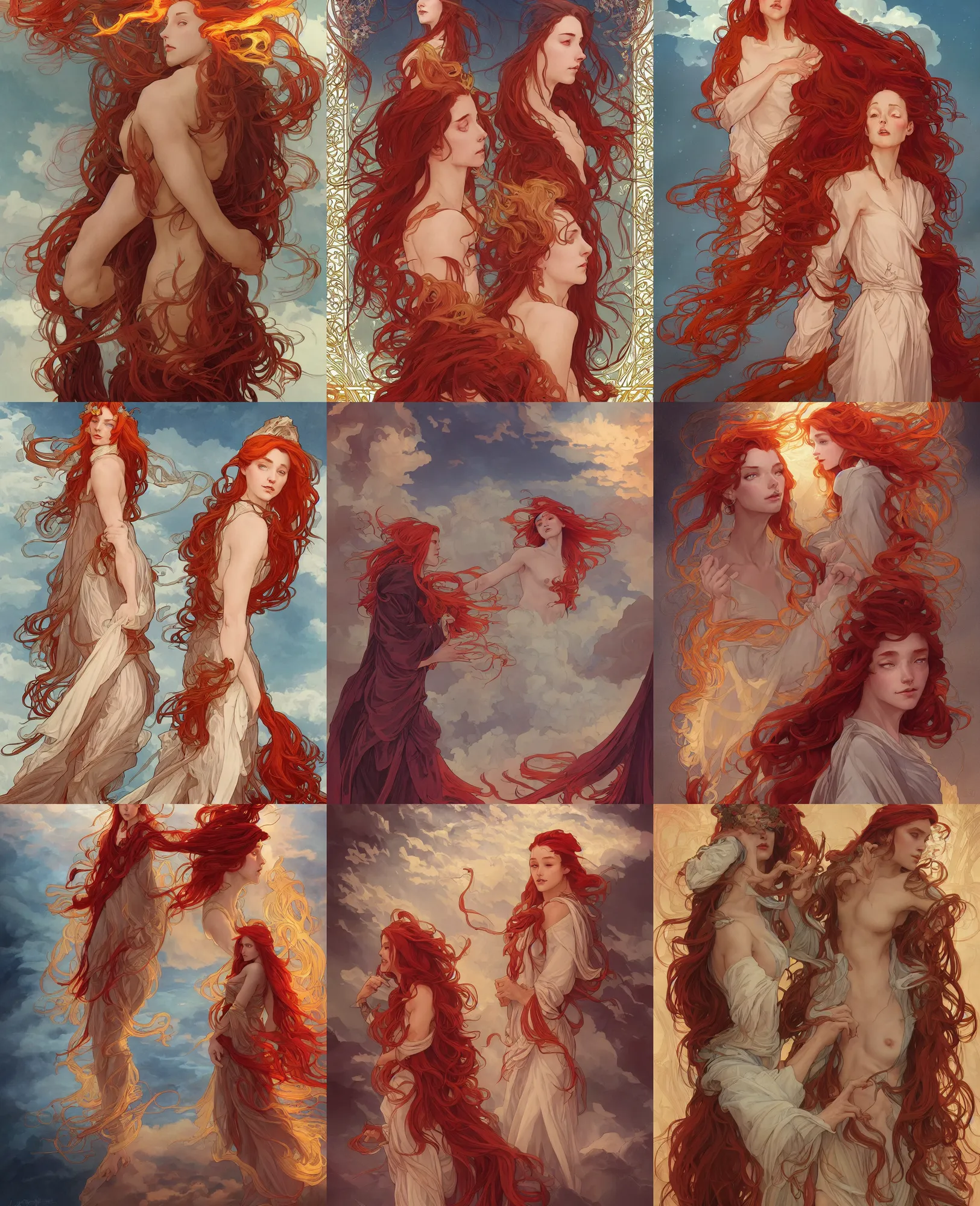 Prompt: a beautiful fire wizard with fire red hair, freckles. wearing robes inspired by alphonse mucha, standing on a mountain top with epic clouds and volumetric lighting. intricate illustration and highly detailed digital painting. concept art by artgerm. inspired by brom art and larry elmore.