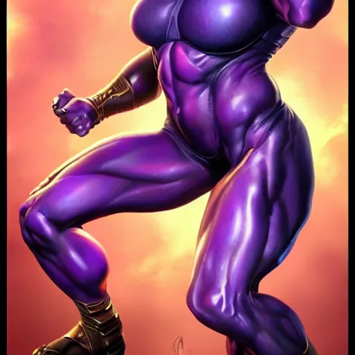 Image similar to thanos as a muscular woman, highly detailed portrait, elegant, breathtaking art, by artgerm