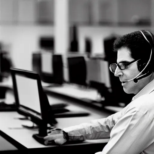 Image similar to a picture of kevin mitnick working in an indian call center, canon, black and white, high resolution, perfect face, detailed face
