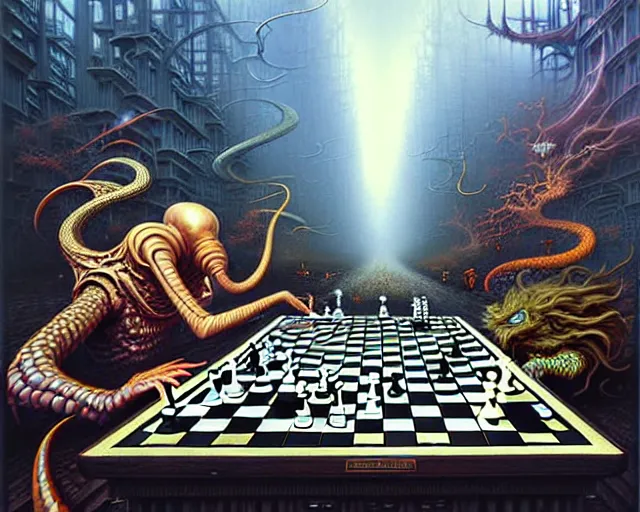 Prompt: street view a chess board filled with chess pieces, fantasy landscape made of fractals facing each other, ultra realistic, wide angle, intricate details, the fifth element artifacts, highly detailed by peter mohrbacher, hajime sorayama, wayne barlowe, boris vallejo, aaron horkey, gaston bussiere, craig mullins