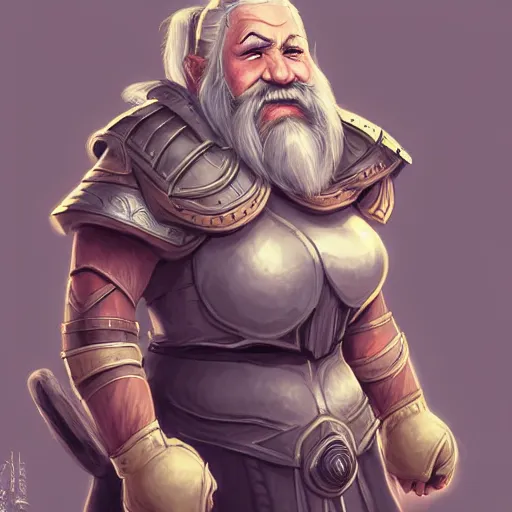 Prompt: elderly female dwarven heavyset fighter with grey long hairstyle and beard in braids and wrinkled skin wearing platemail armor by rossdraws