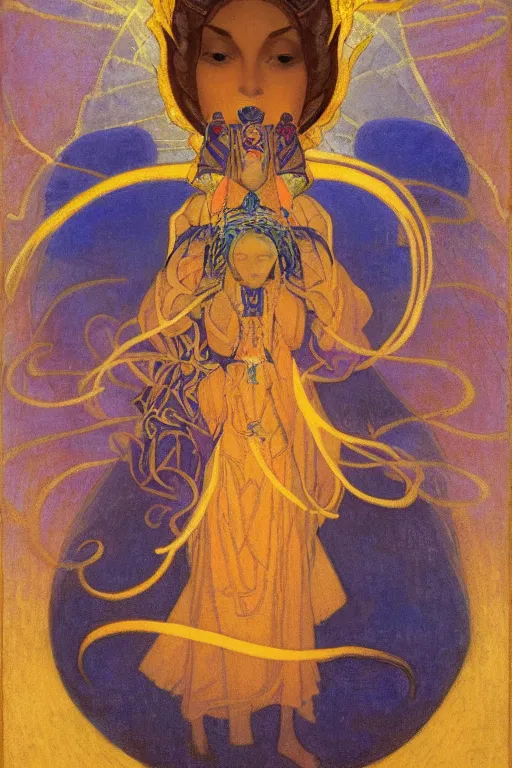 Image similar to queen of the dawn with her lantern and birds, by Nicholas Roerich and jean delville and Annie Swynnerton, elaborate headdress and embroidered velvet, iridescent beetles, rich color, dramatic cinematic lighting, extremely detailed