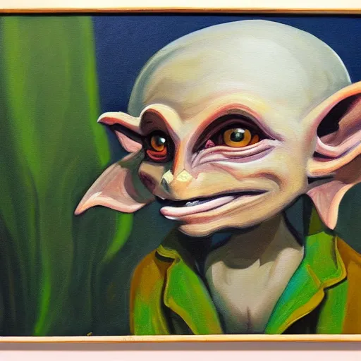 Prompt: a painting of a goblin in a suburban neighborhood, at night