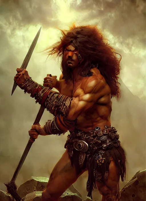 Prompt: barbarian, full body, hyper realistic, extremely detailed, dnd character art portrait, dark fantasy art, intricate fantasy painting, dramatic lighting, vivid colors, deviantart, artstation, by edgar maxence and caravaggio and michael whelan and delacroix.