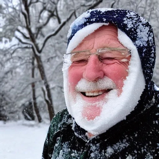 Prompt: a smiling old man covered in snow