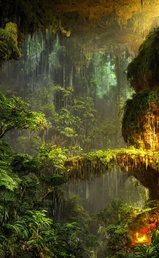 Image similar to a beautiful render of a dark prehistoric rainforest in a humongous cave, lush flora, patches of yellowish - red - magenta sky, sunset lighting, fireflies, floating mountains and a waterfall in the background, intricate detail, hazy, humid, volumetric lighting, god rays, 8 k, photorealistic, raytracing effects, unreal engine 5