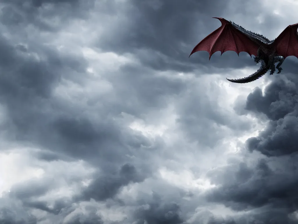 Image similar to epic cinematic close up shot of dragon flying through stormy clouds