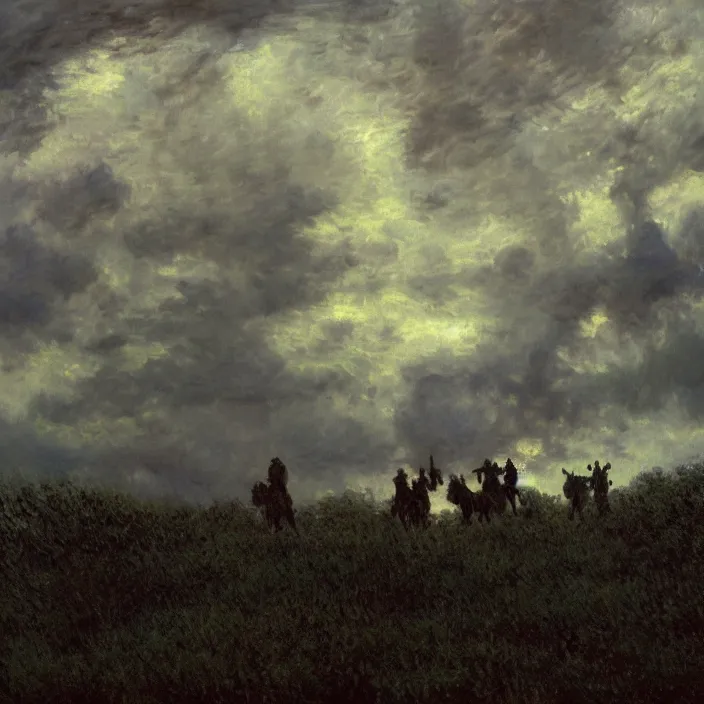 Image similar to medium shot, low - angle, painting of wild hunt in the sky, dark clouds, night, beautiful, dark academia aesthetic, magic vibes, soft lighting, by george roux, by monet, by oil on canvas, royal academy, masterpiece, trending on artstation, cinematic composition, dramatic pose, beautiful lighting, sharp, details, hyper - detailed, hd